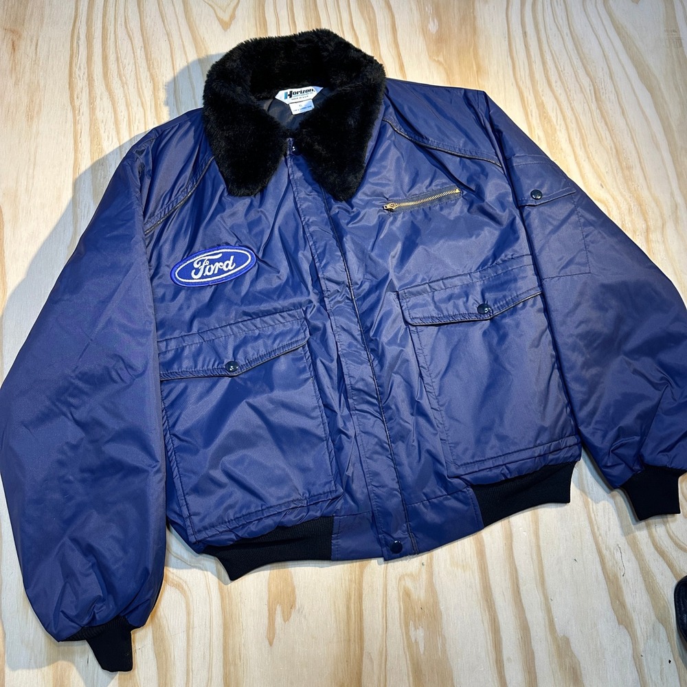 Horizon Sportswear Men's Ford Patch Navy Blue Faux Fur Collar Vintage Jacket XL